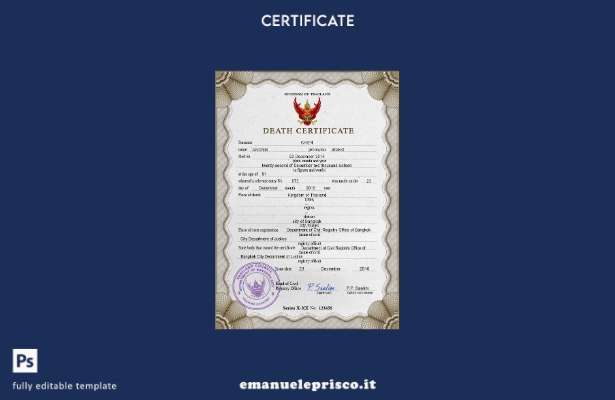modello PSD del certificato di morte della Thailandia in stile verificato